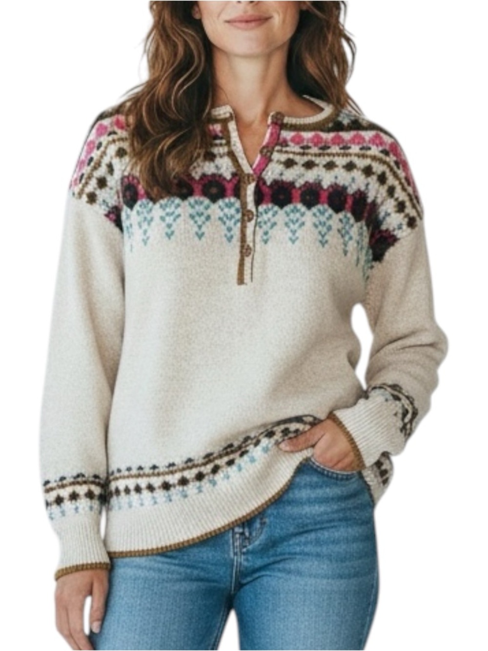 Sundance Innis Fair Isle Henley Sweater Cozy Textured Button Pullover Boho Tan M